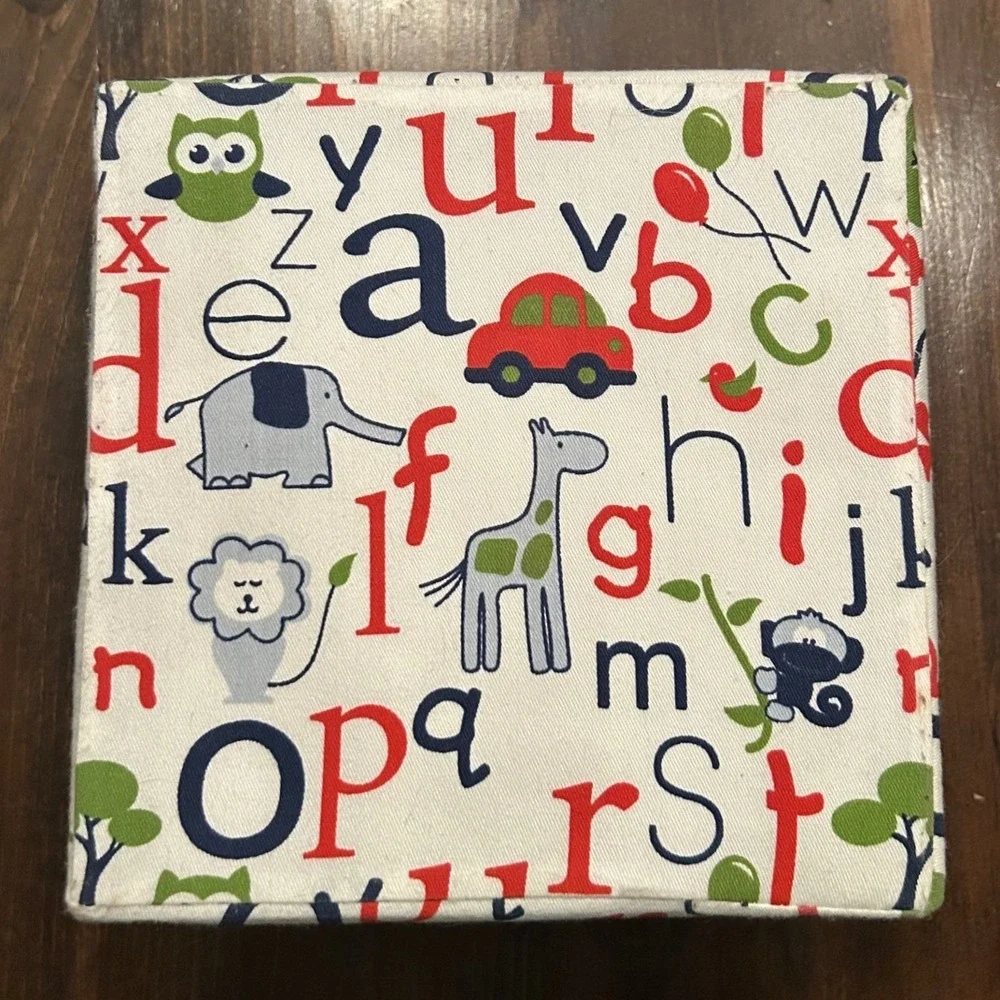Alphabet Animal Storage‎ Box Kids Fabric Lid Blue White Giraffe Cars Educational